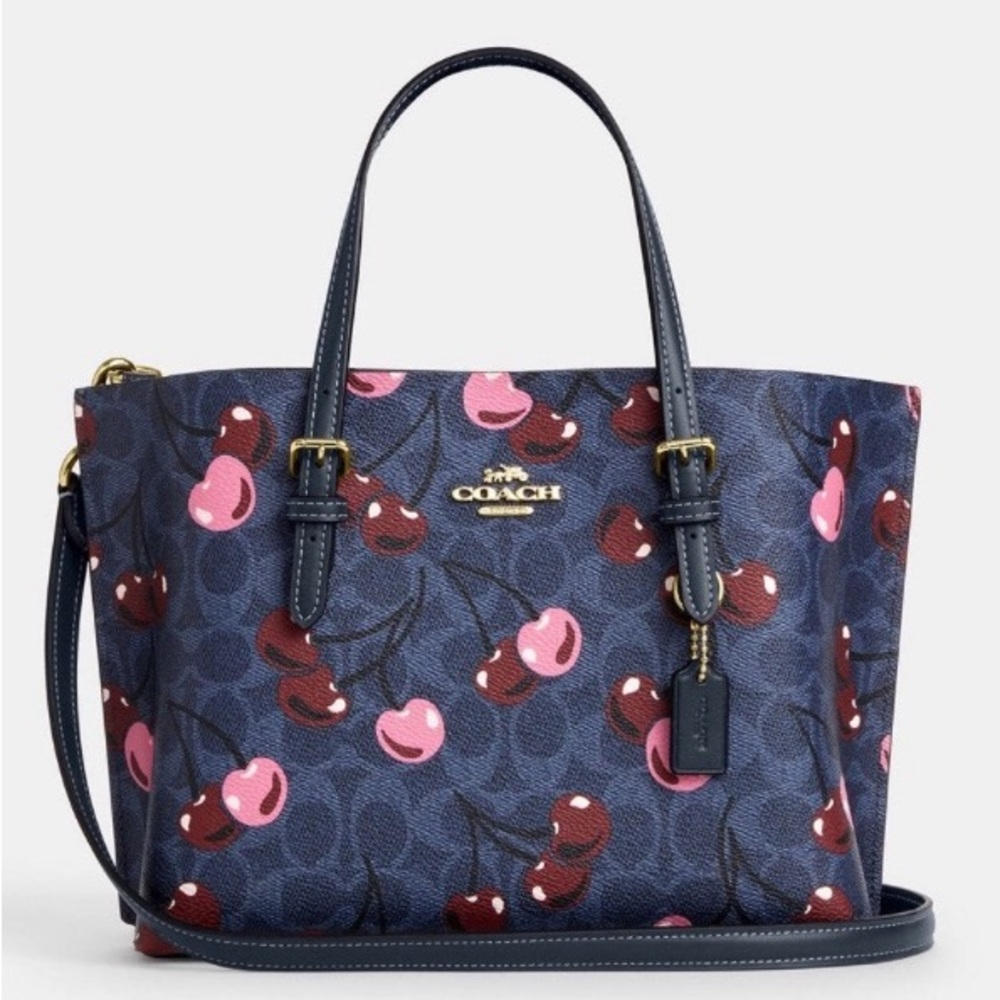 Coach Mollie Tote Bag 25 In Signature Canvas Blue With Cherry Print (CZ772) - Picture 1 of 5